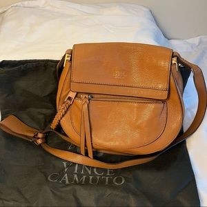 VINCE CAMUTO - Brown Camel Leather Crossbody Saddle Bag with Zippers